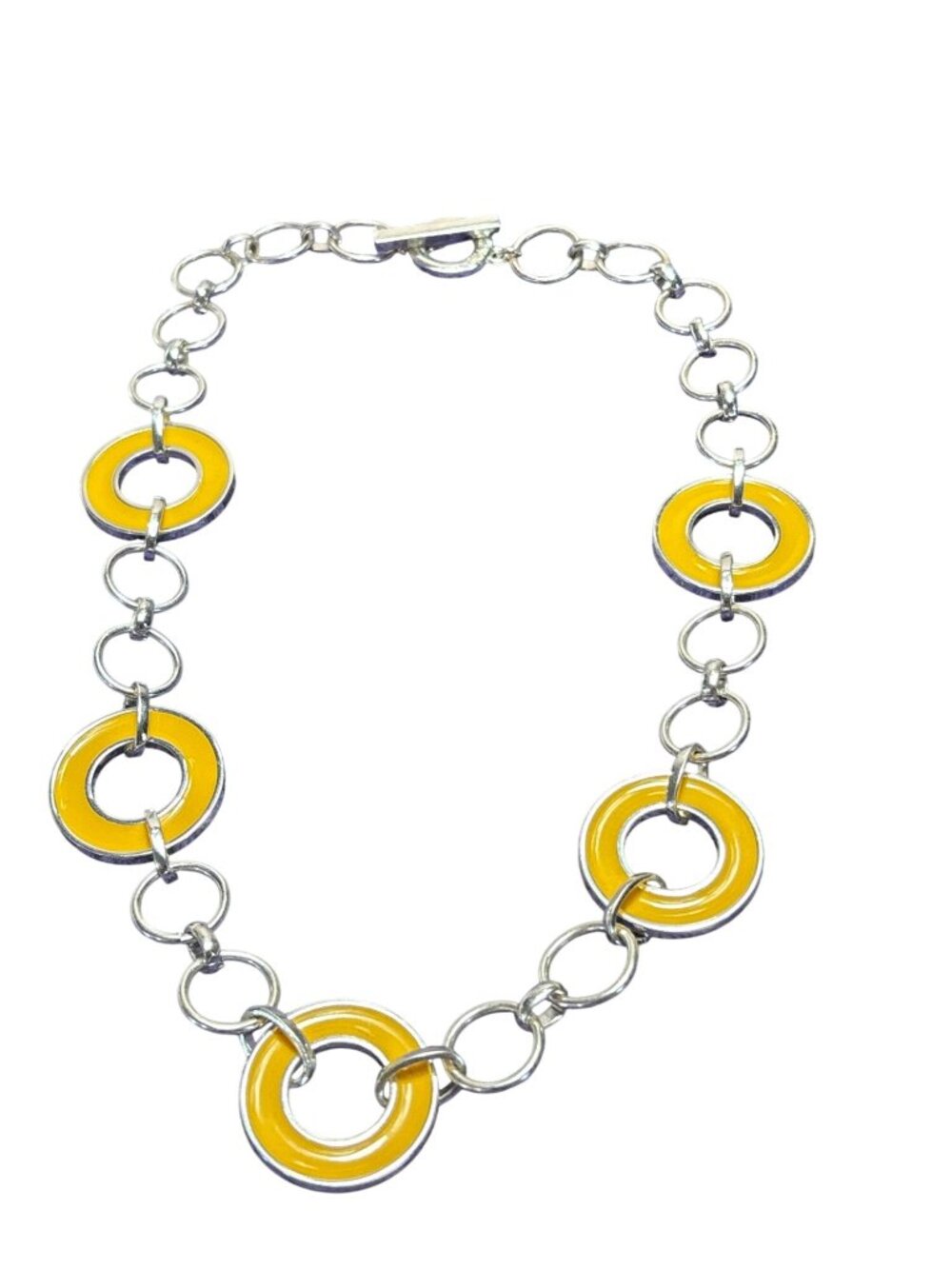 Chaps Silvertone Circles Necklace Yellow Enamel Toggle Clasp 17 inches Long